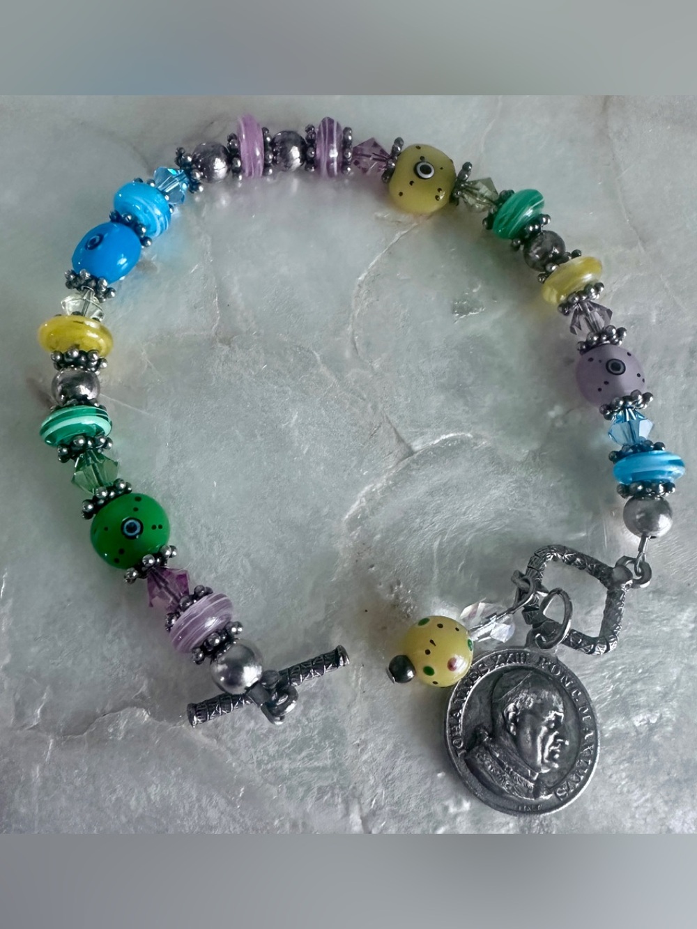 Vintage Lampwork Evil Eye Glass Bead Bracelet Pope John Paul II Lourdes